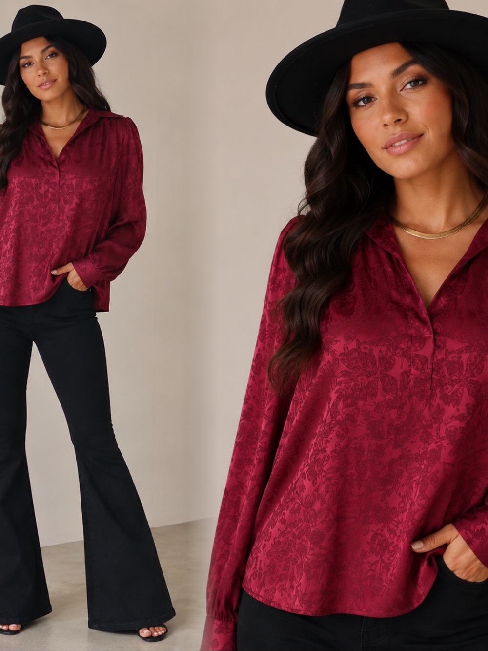 NWT Rafaella Burgundy Floral Jacquard V-Neck Blouse